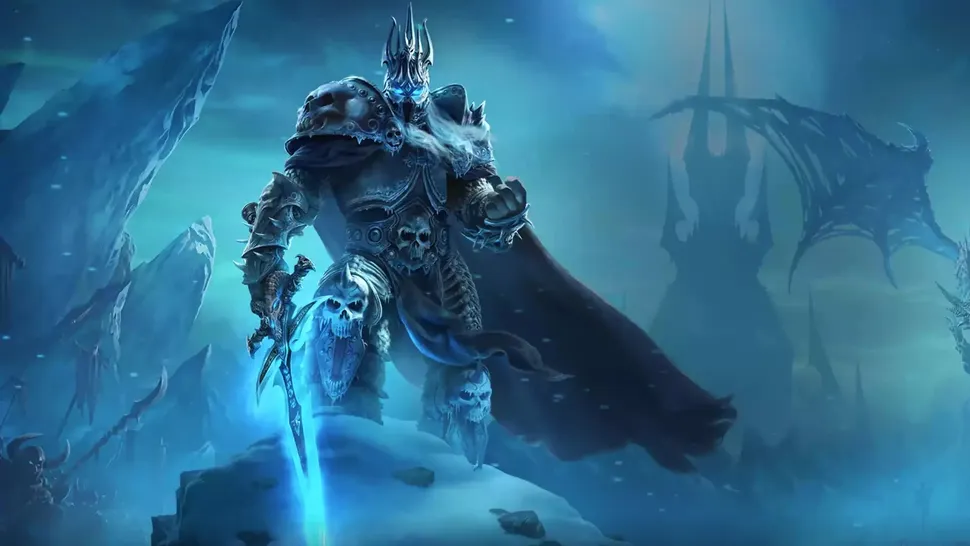 The Lich King from World of Warcraft, in skull-covered armour with a glowing blue sword, on an icy cliff