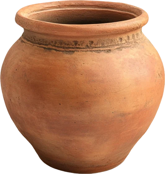A round terracotta clay pot with a rolled rim